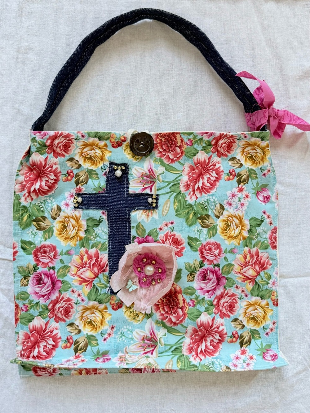 Bible bag with cross and flowers